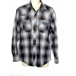Lee Men's LS Western‎ Pearl Snap Shirt Gray Black Purple Plaid Check Large